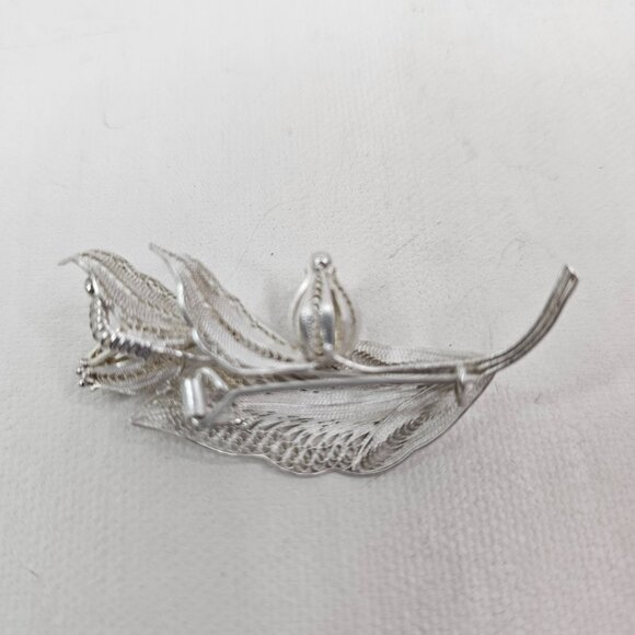 925 Silver Floral Filigree Brooch Tulip Flowers Leaf Vintage Pin Hook C Closure - Picture 7 of 9